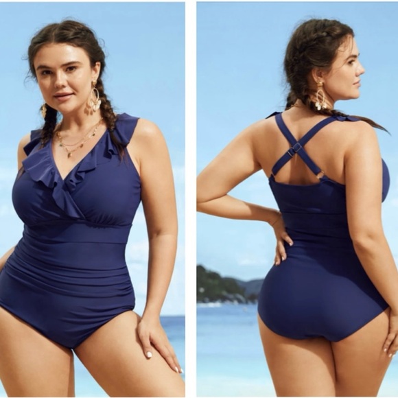 BloomChic Other - Bloomchic NEW Ruffle Trim Gathered Ruched 1 Piece Swimsuit Sculpt Waist Blue 4X